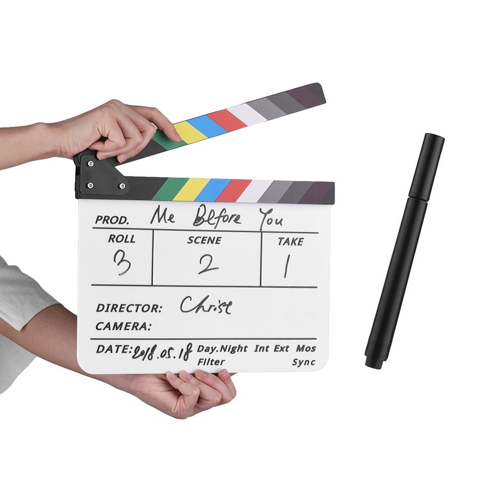 Andoer Dry Erase Acrylic Director Film Clapboard Movie TV Cut Action Scene Clapper Board Slate with Marker Pen, Black/White Stick, White