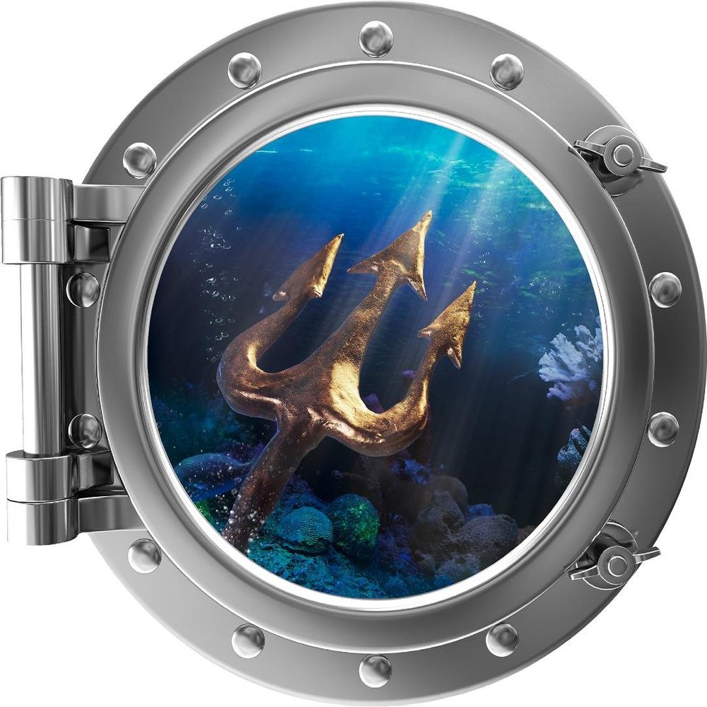 18" Port Scape King Neptunes Trident Porthole Sea Window Silver Wall Decal Sticker Kids Bedroom Under The Sea Ocean Nursery Decor Peel and Stick Mural