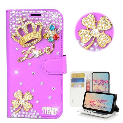 STENES Bling Case Compatible with iPod Touch 6 Case - 3D Handmade Crystal Clover Crown Flowers Wallet Credit Card Slots Fold Stand Leather Cover Compatible with iPod Touch 5/6 - Purple
