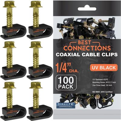 BEST CONNECTIONS Coaxial Cable Clips with Pre-Inserted Screw (1,000 Pack) Black Single Cable Mounting Clamps for Coax Cable (RG6, RG59) and Ethernet Cable Cord Fastener/Strain Relief Clip
