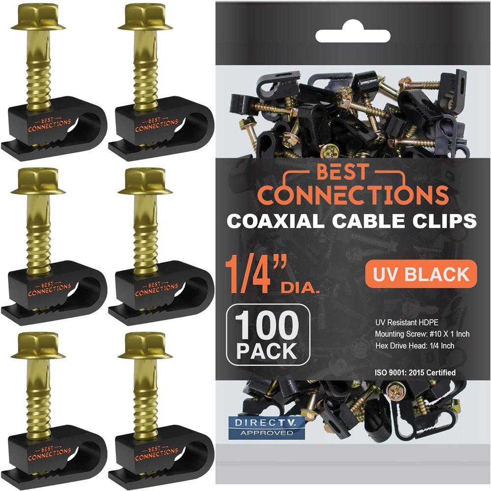 BEST CONNECTIONS Coaxial Cable Clips with Pre-Inserted Screw (1,000 Pack) Black Single Cable Mounting Clamps for Coax Cable (RG6, RG59) and Ethernet Cable Cord Fastener/Strain Relief Clip
