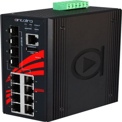 Antaira LMX-1204G-SFP-T Industrial-Grade 12-Port Managed Gigabit Ethernet Switch, 4 SFP Slots, DIN-Rail Mount, -40 to 75C Operating Temperature, Redundant 12 to 48 VDC Power Input