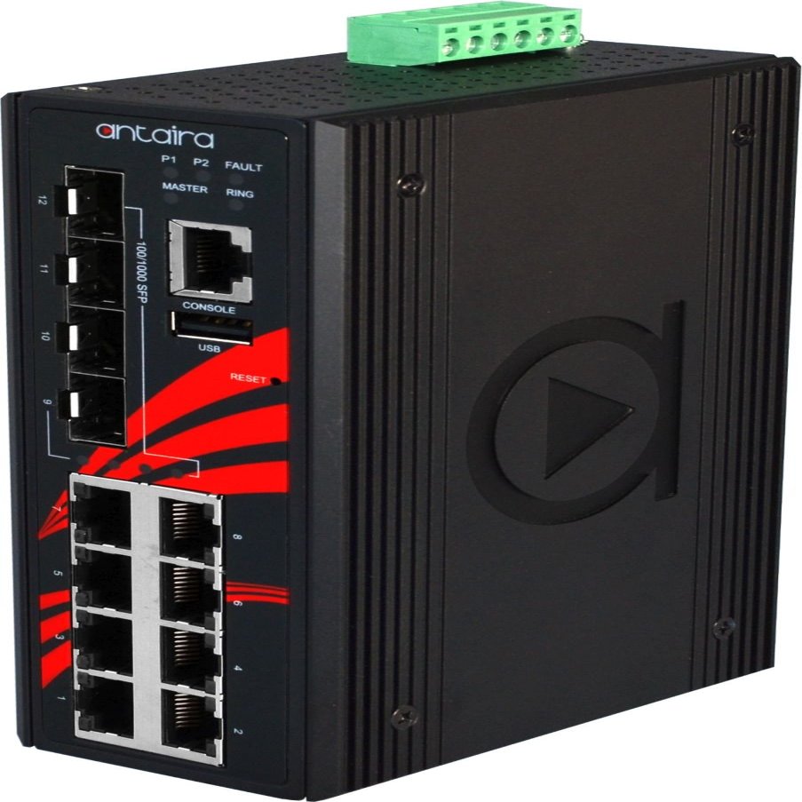 Antaira LMX-1204G-SFP-T Industrial-Grade 12-Port Managed Gigabit Ethernet Switch, 4 SFP Slots, DIN-Rail Mount, -40 to 75C Operating Temperature, Redundant 12 to 48 VDC Power Input