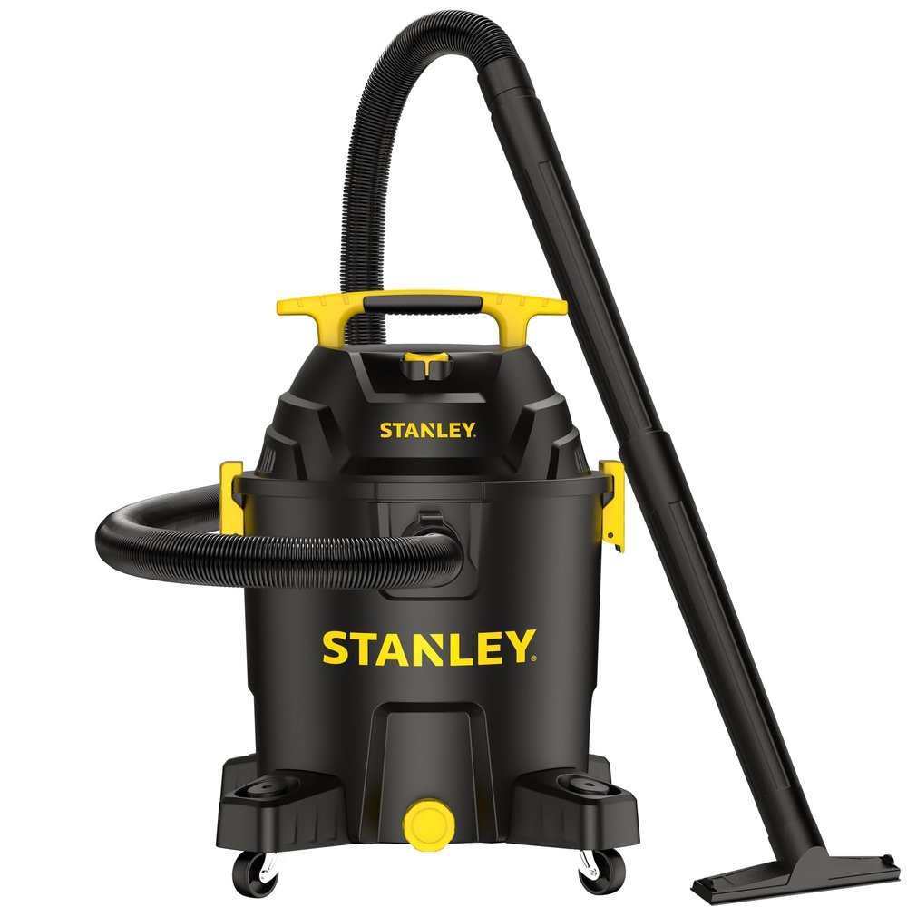 STANLEY 10 Gallon Wet Dry Vacuum, 6 Peak HP Poly Built-in Drain Shop Vac Blower with Powerful Suction, Multifunctional Shop Vacuum W/ 6 Horsepower Motor for Job Site, Garage, Basement, Van, Workshop