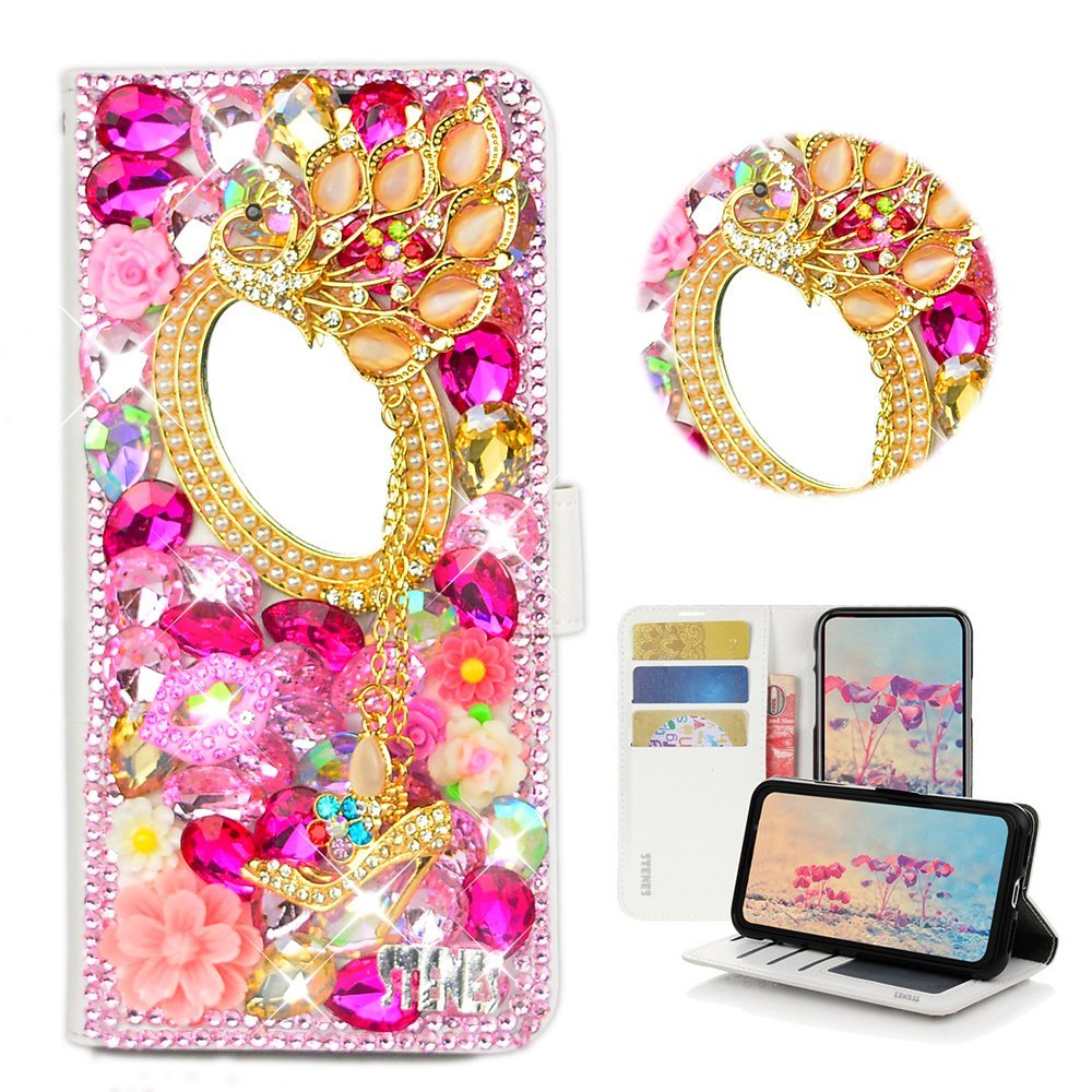 STENES Bling Case Compatible with Huawei Ascend XT2 Case - 3D Handmade Crystal Girls Mirror Peacock Pendant Flowers Wallet Credit Card Slots Fold Stand Leather Cover - Pink
