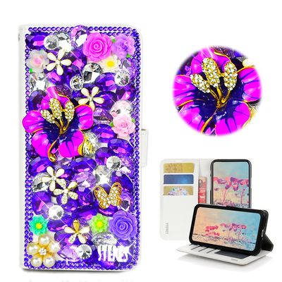 STENES Bling Case Compatible with iPod Touch Case - 3D Handmade Crystal Redbud Butterfly Flowers Floral Wallet Credit Card Slots Fold Stand Leather Cover Compatible with iPod Touch 5/6 - Purple