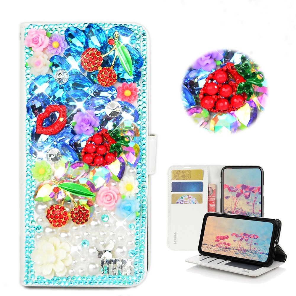 STENES Bling Case Compatible with Huawei P20 Pro Case - 3D Handmade Crystal Cherry Pineapple Floral Lips Wallet Credit Card Slots Fold Stand Leather Cover - Blue