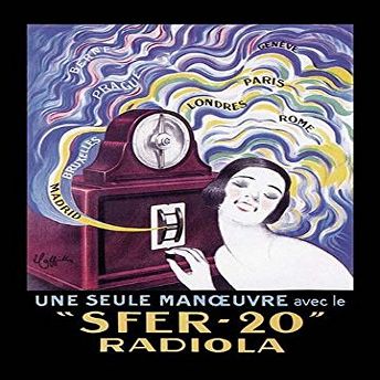 Radiola an exciting new device a radio receiver captivates the womans attention as she listens to broadcasts from many different cities and countries like Prague London and Berne Leonetto Cappiello (