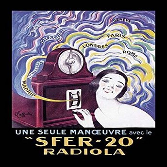 Radiola an exciting new device a radio receiver captivates the womans attention as she listens to broadcasts from many different cities and countries like Prague London and Berne Leonetto Cappiello (