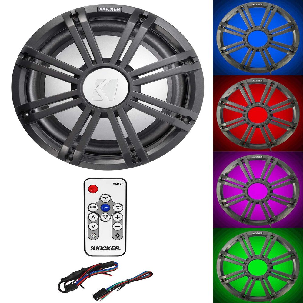 KICKER 45KMF104 10" Free Air Marine Subwoofer Sub+Charcoal Grille w/LED's+Remote