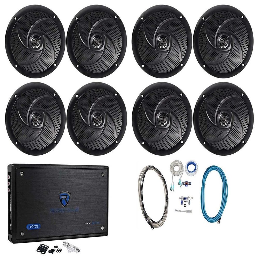 Rockville RMC65B Bundle: (4) Pairs 6.5" 600W Waterproof Marine Boat Speakers 2-Way Black, RXM8BTB 1500-Watt Peak/750w RMS 8-Channel Bluetooth Class D Marine Amplifier, RMWK4 4 AWG Install Kit, 6-items