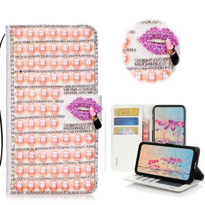 STENES Bling Case Compatible with LG Stylo 4 Case - 3D Handmade Crystal Pearl Lattice Sexy Lips Wallet Credit Card Slots Fold Stand Leather Cover - Pink