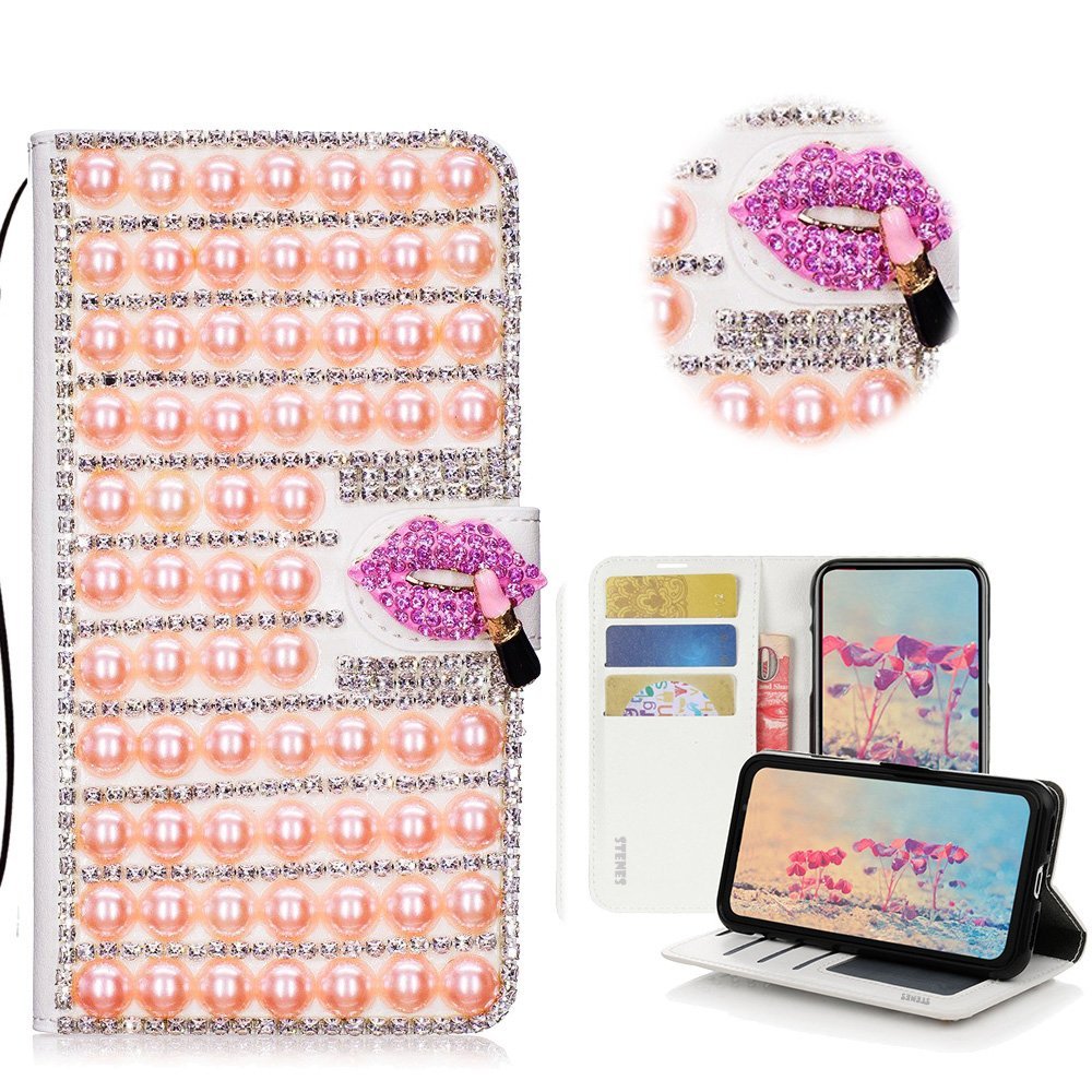 STENES Bling Case Compatible with LG Stylo 4 Case - 3D Handmade Crystal Pearl Lattice Sexy Lips Wallet Credit Card Slots Fold Stand Leather Cover - Pink