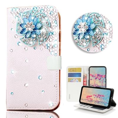 STENES Bling Case Compatible with LG Stylo 4 Case - 3D Handmade Crystal Windmill Flowers Wallet Credit Card Slots Fold Stand Leather Cover - Blue