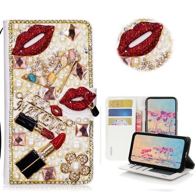 STENES Bling Case Compatible with LG Stylo 4 Case - 3D Handmade Crystal Lipstick Girls High Heel Flowers Wallet Credit Card Slots Fold Stand Leather Cover - Red