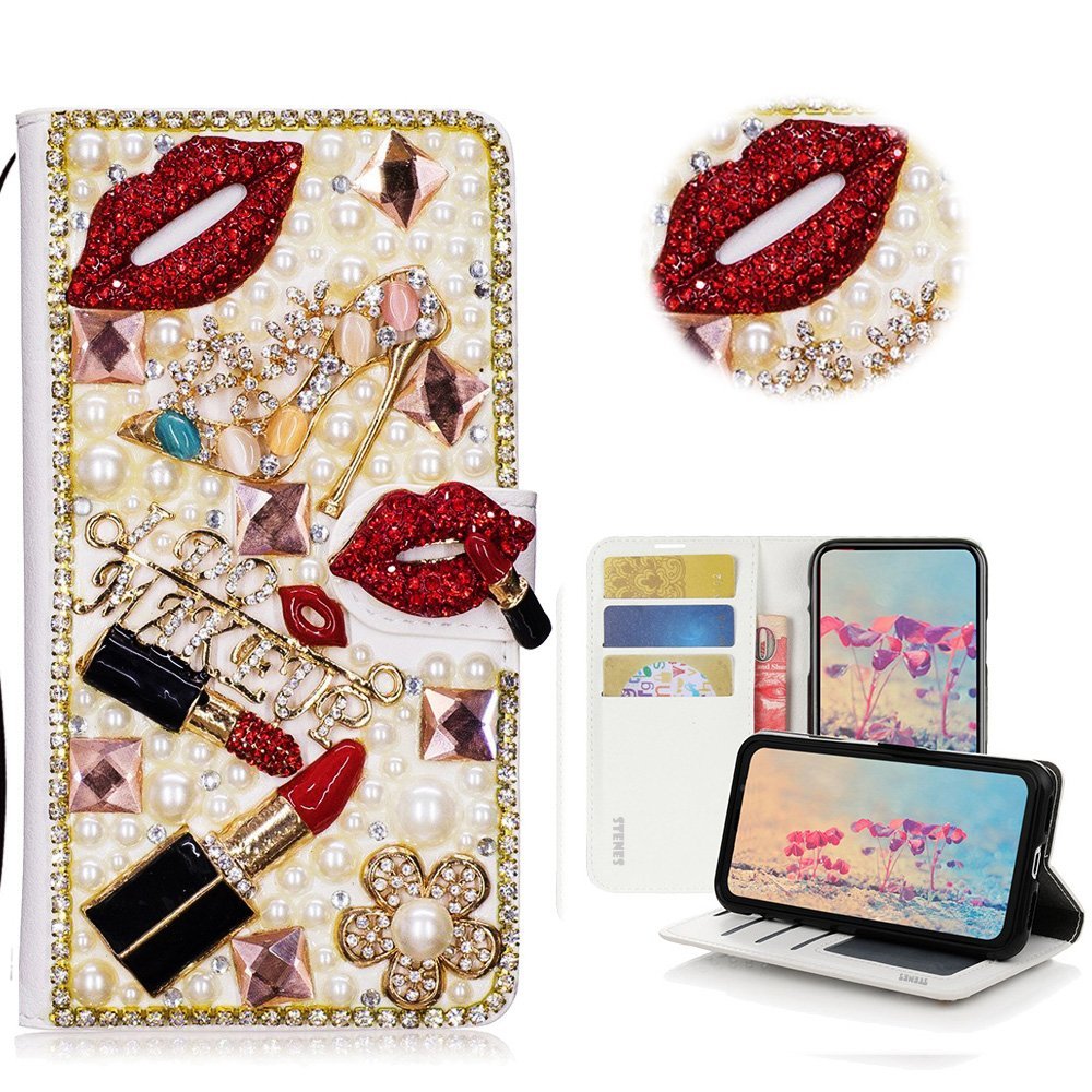 STENES Bling Case Compatible with LG Stylo 4 Case - 3D Handmade Crystal Lipstick Girls High Heel Flowers Wallet Credit Card Slots Fold Stand Leather Cover - Red