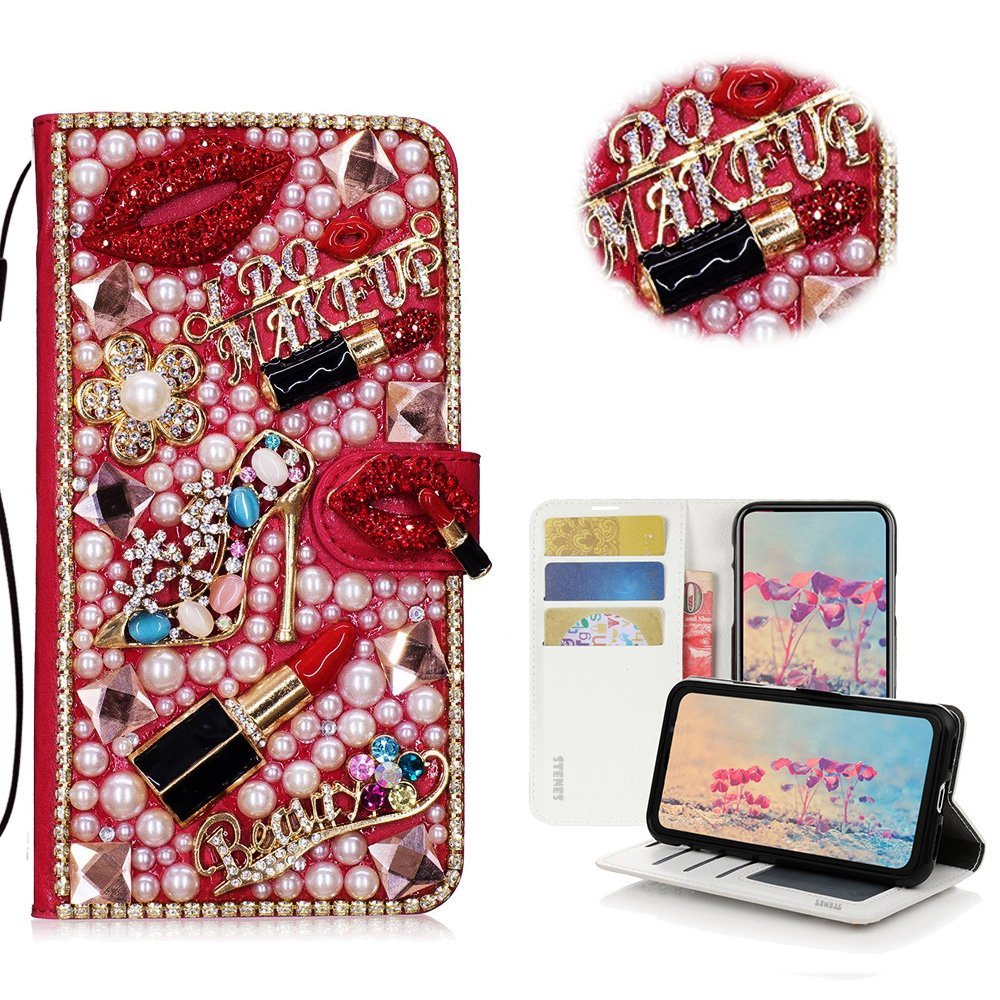 STENES Bling Case Compatible with LG Stylo 4 Case - 3D Handmade Crystal Girls Lipstick High Heel Flowers Wallet Credit Card Slots Fold Stand Leather Cover - Red