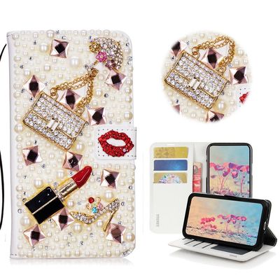STENES Bling Case Compatible with LG Stylo 4 Case - 3D Handmade Crystal Girls Bags Lipstick High Heel Wallet Credit Card Slots Fold Stand Leather Cover - Red