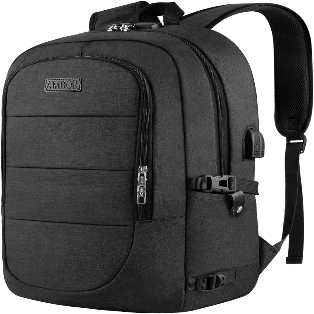 AMBOR Travel Laptop Backpack for en, 15.6-17.3 inch Laptop Backpack, Anti Theft Business Work Backpack with USB Charging Port, Water Resistant Computer Bag for Men & Women, Black