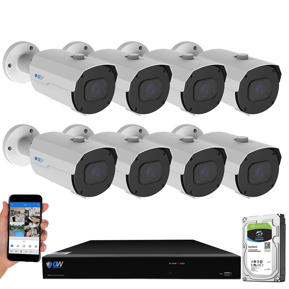 GW Security 16 Channel NVR 4K 8MP PoE 2.8-12mm Varifocal Zoom Face Recognition/Human/Car Detection Security Camera System with 8 x 4K 8MP IP Microphone Outdoor Smart AI Bullet Cameras, 4TB HDD