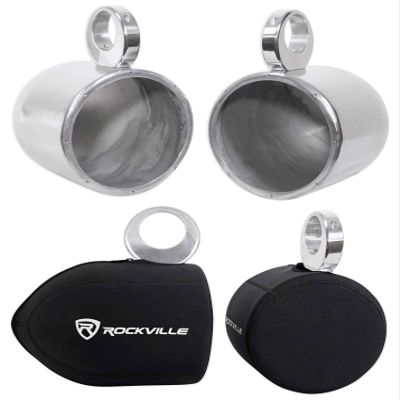 Rockville MAC80S Bundle: Pair 7.7-in Polished Silver Aluminum Wakeboard Tower Speaker Enclosures, Pair RWBC80 Neoprene Covers, 2-Items