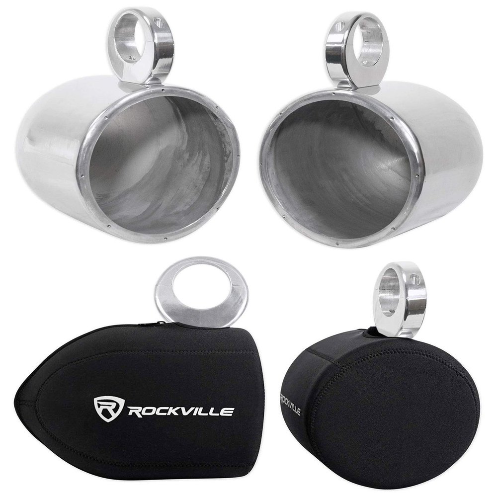 Rockville MAC80S Bundle: Pair 7.7-in Polished Silver Aluminum Wakeboard Tower Speaker Enclosures, Pair RWBC80 Neoprene Covers, 2-Items