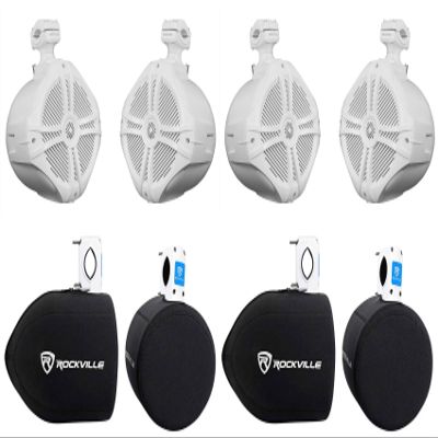 Rockville (4) RWB90W 8" White 500 Watt Marine Wakeboard Tower Speakers+Covers