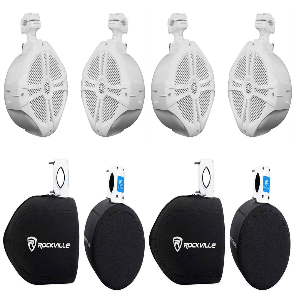 Rockville (4) RWB90W 8" White 500 Watt Marine Wakeboard Tower Speakers+Covers