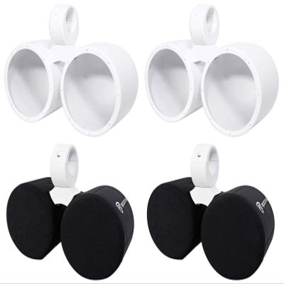 Rockville DMAC80W Bundle: (2) Dual 7.7-in White Aluminum Wakeboard Tower Speaker Enclosures, (4) RWBC80 Neoprene Covers for Marine Wakeboard Tower Speakers, 6-Items