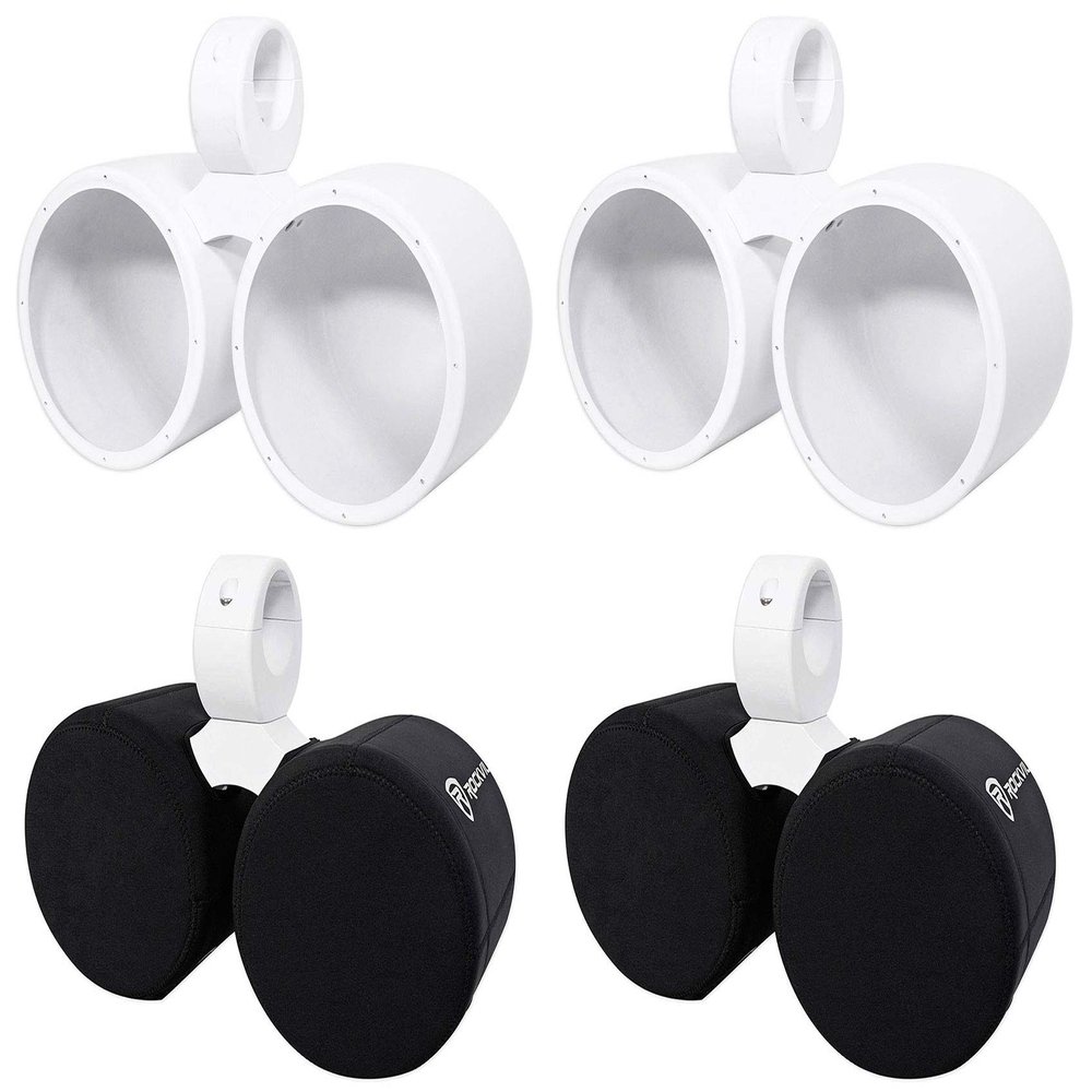 Rockville DMAC80W Bundle: (2) Dual 7.7-in White Aluminum Wakeboard Tower Speaker Enclosures, (4) RWBC80 Neoprene Covers for Marine Wakeboard Tower Speakers, 6-Items