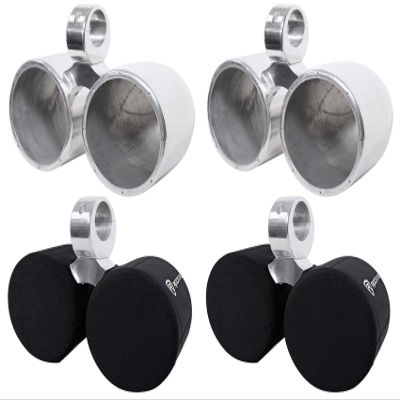 Rockville DMAC80S Bundle: (2) Dual 7.7-in Polished Silver Aluminum Wakeboard Tower Speaker Pods, (2) RWBC80 Neoprene Covers for 8-in Marine Speakers, 4-Items