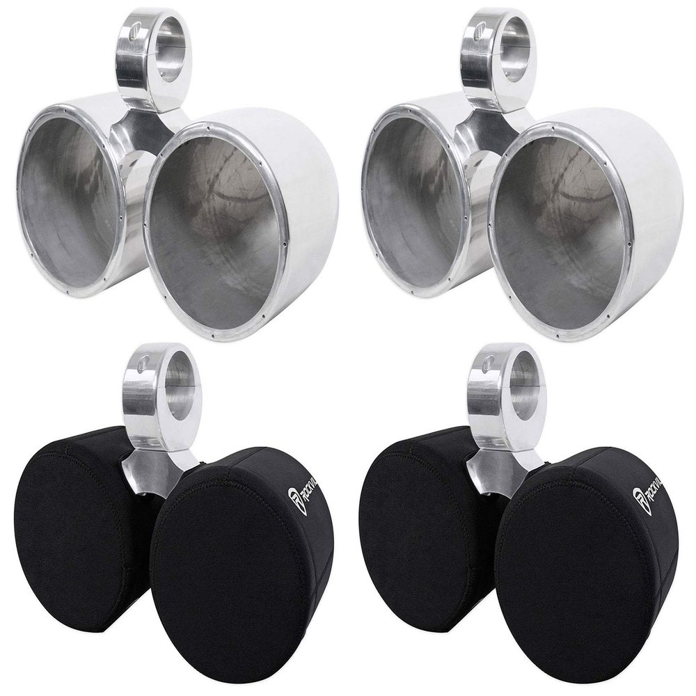 Rockville DMAC80S Bundle: (2) Dual 7.7-in Polished Silver Aluminum Wakeboard Tower Speaker Pods, (2) RWBC80 Neoprene Covers for 8-in Marine Speakers, 4-Items