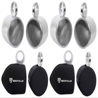 Rockville MAC80S Bundle: (4) 7.7" Polished Silver Aluminum Wakeboard Tower Speaker Enclosures, (4) RWBC80 Neoprene Covers for Marine Wakeboard Tower Speakers, 8-Items