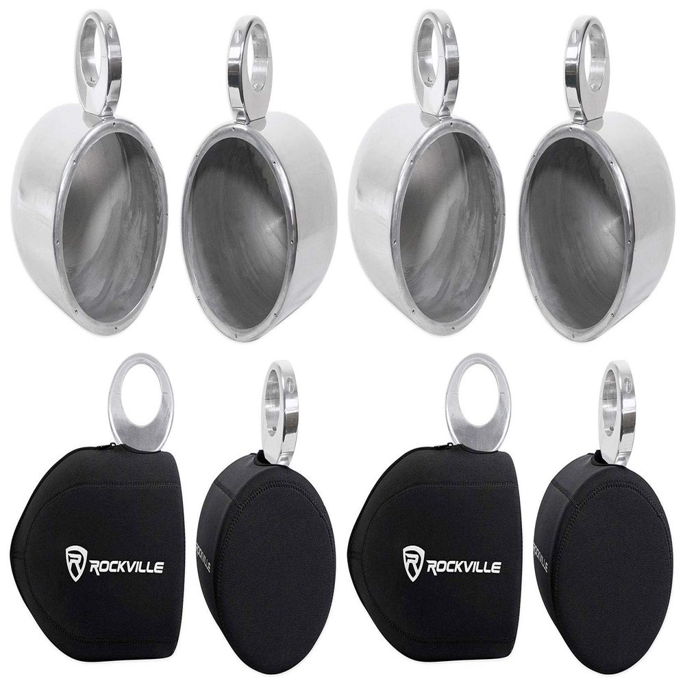 Rockville MAC80S Bundle: (4) 7.7" Polished Silver Aluminum Wakeboard Tower Speaker Enclosures, (4) RWBC80 Neoprene Covers for Marine Wakeboard Tower Speakers, 8-Items