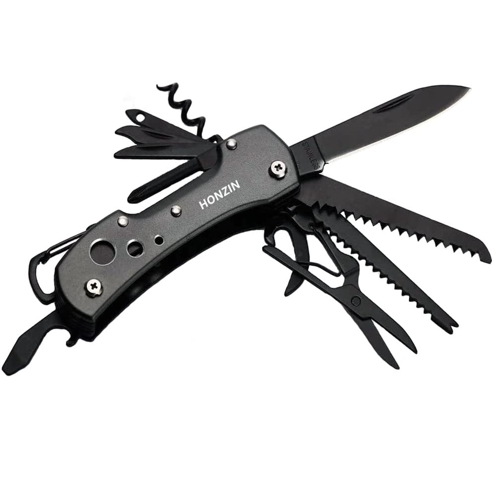 HONZIN Swiss Small Pocket Knife, 15 in 1 Multitool Knife with Bottle Opener, Saw, Screwdrivers, Nail File, Window Breaker and More-for Outdoor, Camping, Fishing, Survival, Hiking, Gifts for Men