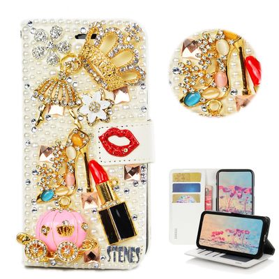 STENES Bling Case Compatible with BlackBerry KEY2 Case - 3D Handmade Crown Ballet Girls Lipstick High Heel Pumpkin Car Wallet Credit Card Slots Fold Stand Leather Cover - Red