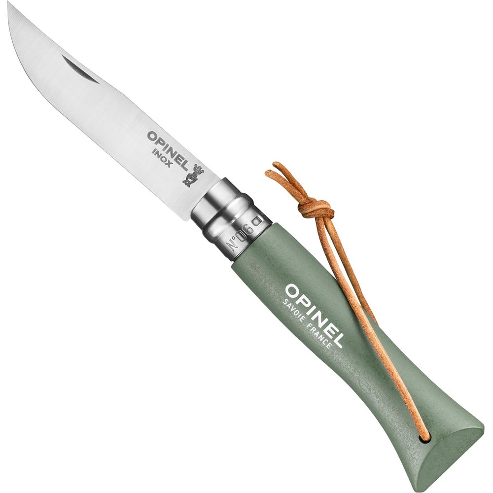 Opinel Colorama No.06 Folding Pocket Knife, Painted Wood Handles, Leather Lanyard (Sage)