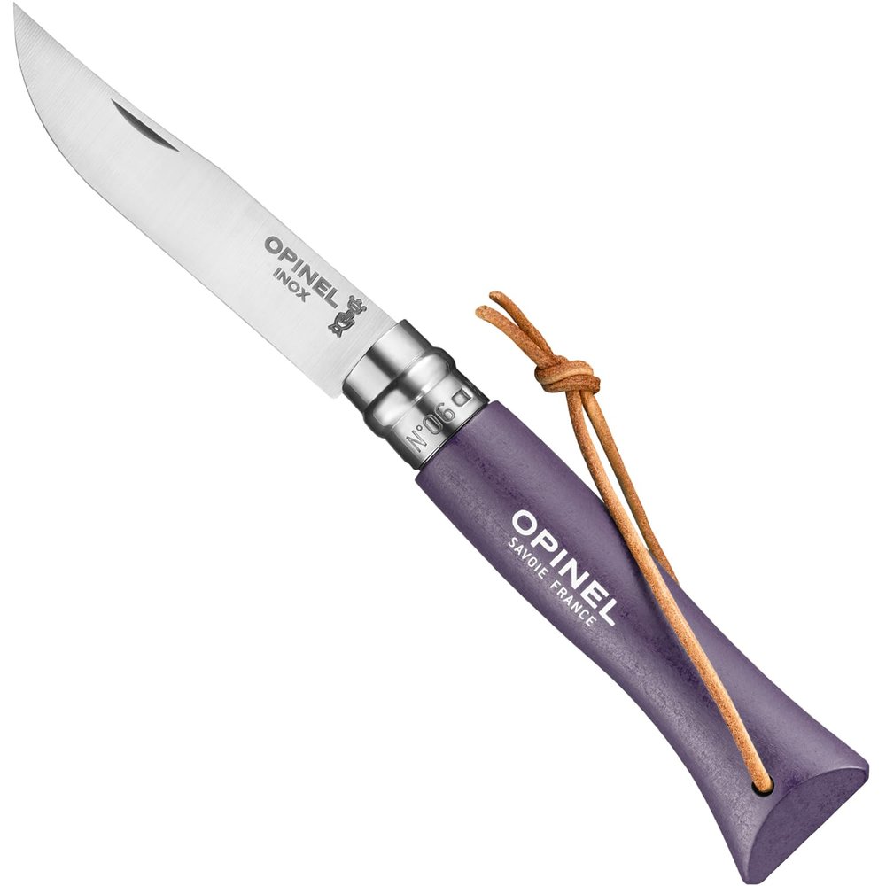 Opinel Colorama No.06 Folding Pocket Knife, Painted Wood Handles, Leather Lanyard (Purple Grey)