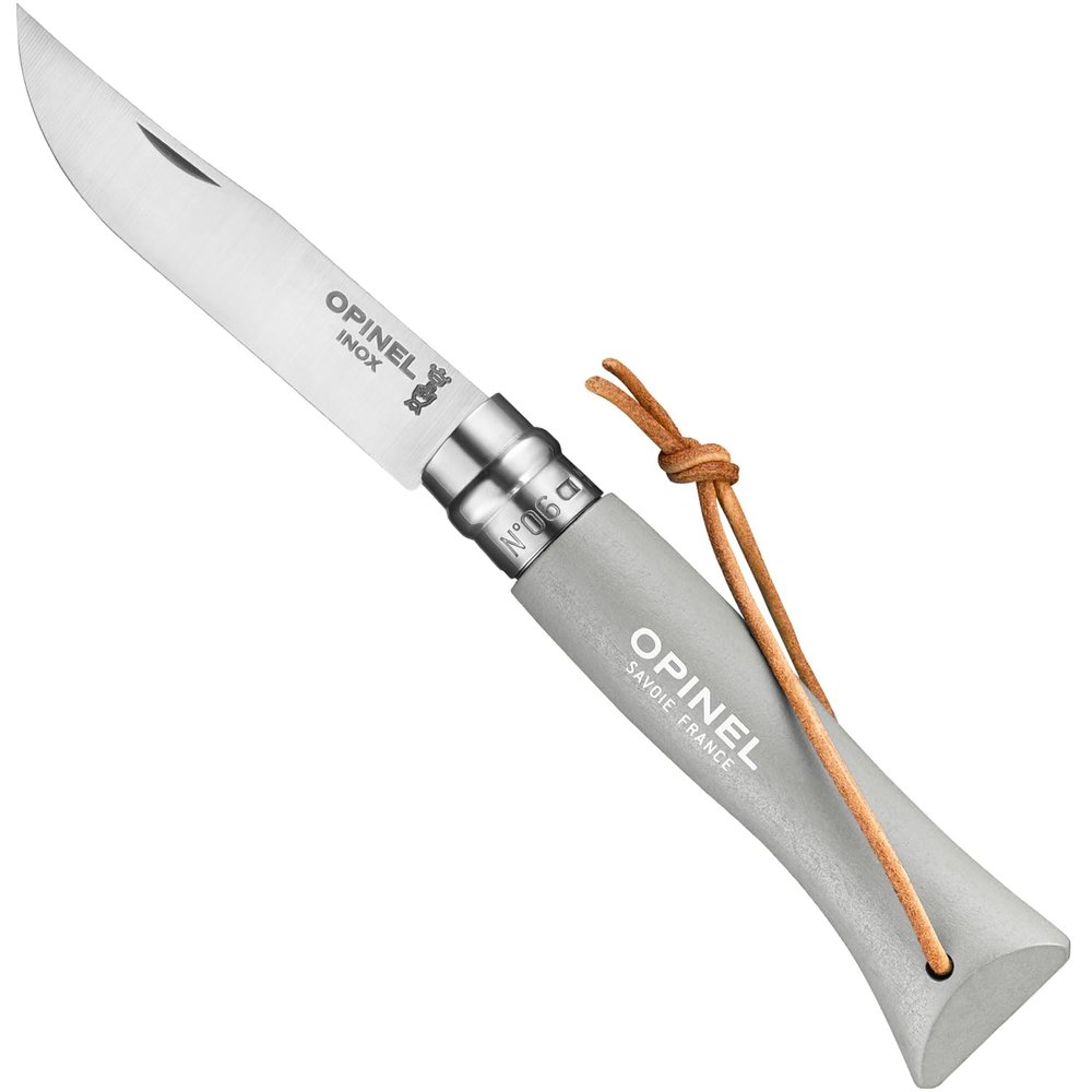 Opinel Colorama No.06 Folding Pocket Knife, Painted Wood Handles, Leather Lanyard (Cloud)