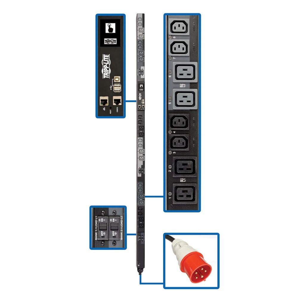 Tripp Lite PDU3XEVSR6G32A 22.2kW 3-Phase Switched PDU - 12 C13 & 12 C19 Outlets, IEC 309 32A Red, 0U, Outlet Monitoring, TAA - Power Distribution Unit