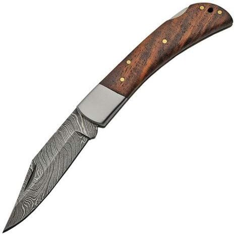 Damascus SANZ Handmade 4" Folding Knife  Pocket Knife with Wood Handle, Steel Bolster, and Filework  EDC, Camping, Hunting & Collectors Knife for Men