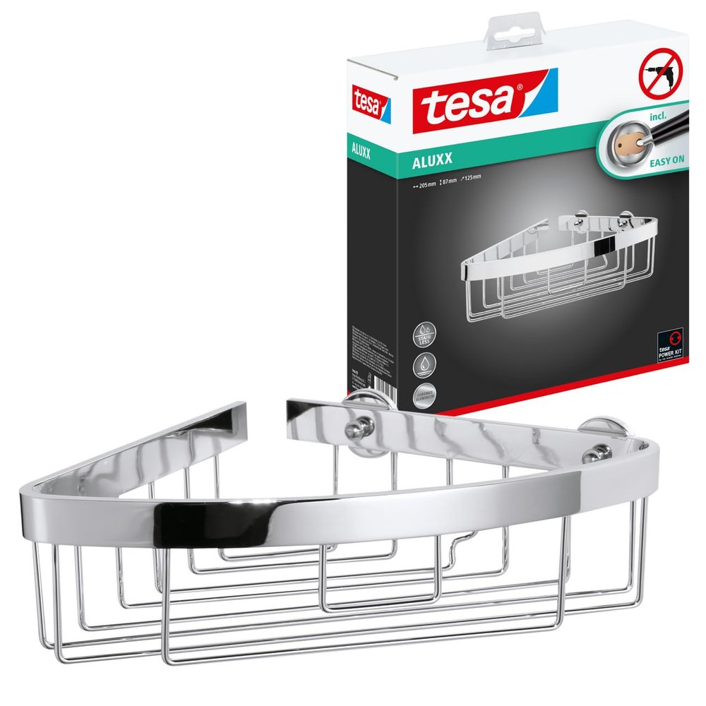 tesa Aluxx Corner Shower Basket, high Gloss Chromed Aluminum, self-Adhesive, Adhesive mounting Technology, 87mm x 205mm x 210mm