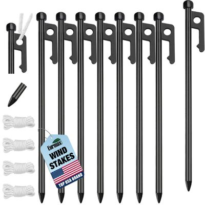 Eurmax USA 8-Pack Secure Protection Galvanized Tent Stakes,Rust-Proof Steel Canopy Anchors for High Winds,Heavy Duty Commercial Ground Pegs for Camping,Pop Up Tent&Gazebo - Includes 4x10ft Ropes,Black