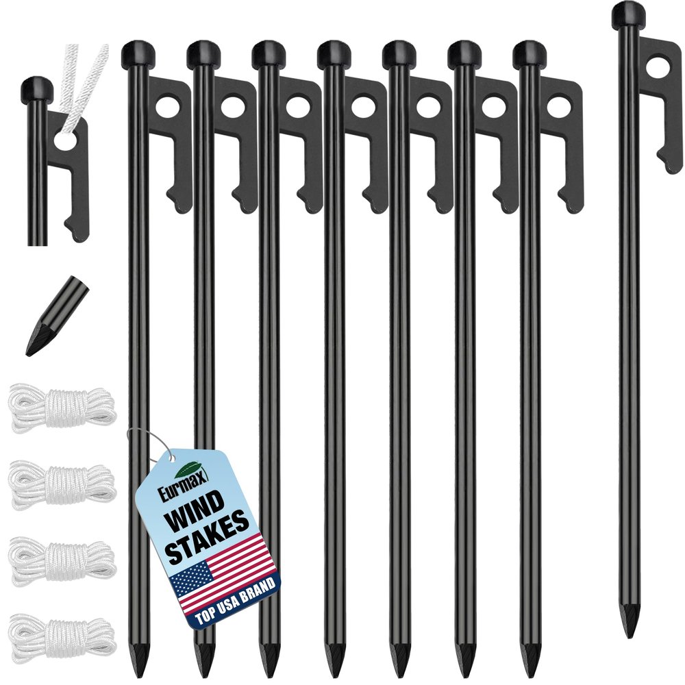 Eurmax USA 8-Pack Secure Protection Galvanized Tent Stakes,Rust-Proof Steel Canopy Anchors for High Winds,Heavy Duty Commercial Ground Pegs for Camping,Pop Up Tent&Gazebo - Includes 4x10ft Ropes,Black