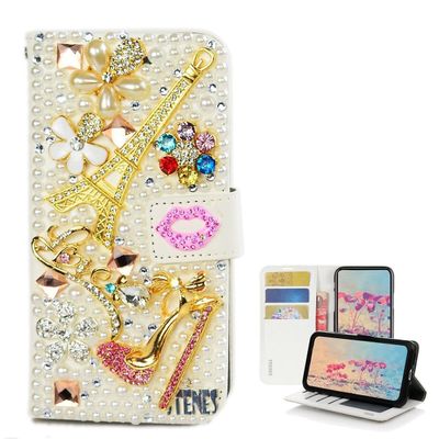 STENES Bling Case Compatible with LG Phoenix Plus Case - 3D Handmade Crystal Eiffel Tower Girls High Heel Flowers Lips Wallet Credit Card Slots Fold Stand Leather Cover - Pink