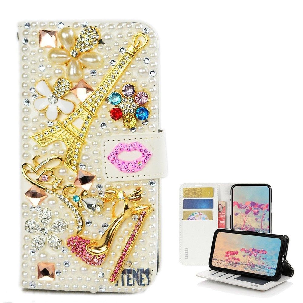 STENES Bling Case Compatible with LG Phoenix Plus Case - 3D Handmade Crystal Eiffel Tower Girls High Heel Flowers Lips Wallet Credit Card Slots Fold Stand Leather Cover - Pink