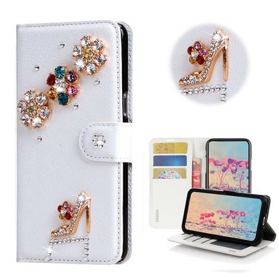 STENES Bling Case Compatible with LG Phoenix Plus Case - 3D Handmade Crystal Girls High Heel Floral Wallet Credit Card Slots Fold Stand Leather Cover - Multicolor