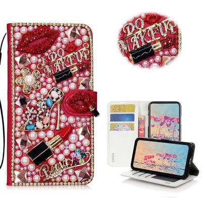 STENES Bling Case Compatible with LG Phoenix Plus Case - 3D Handmade Crystal Girls Lipstick High Heel Flowers Wallet Credit Card Slots Fold Stand Leather Cover - Red