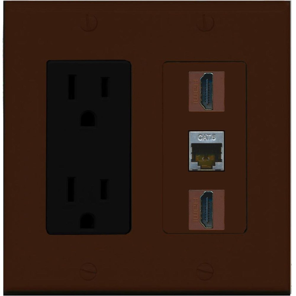 RiteAV - 15 Amp Power Outlet 2 Port HDMI 1 Port Shielded Cat6 Decorative Wall Plate - Brown
