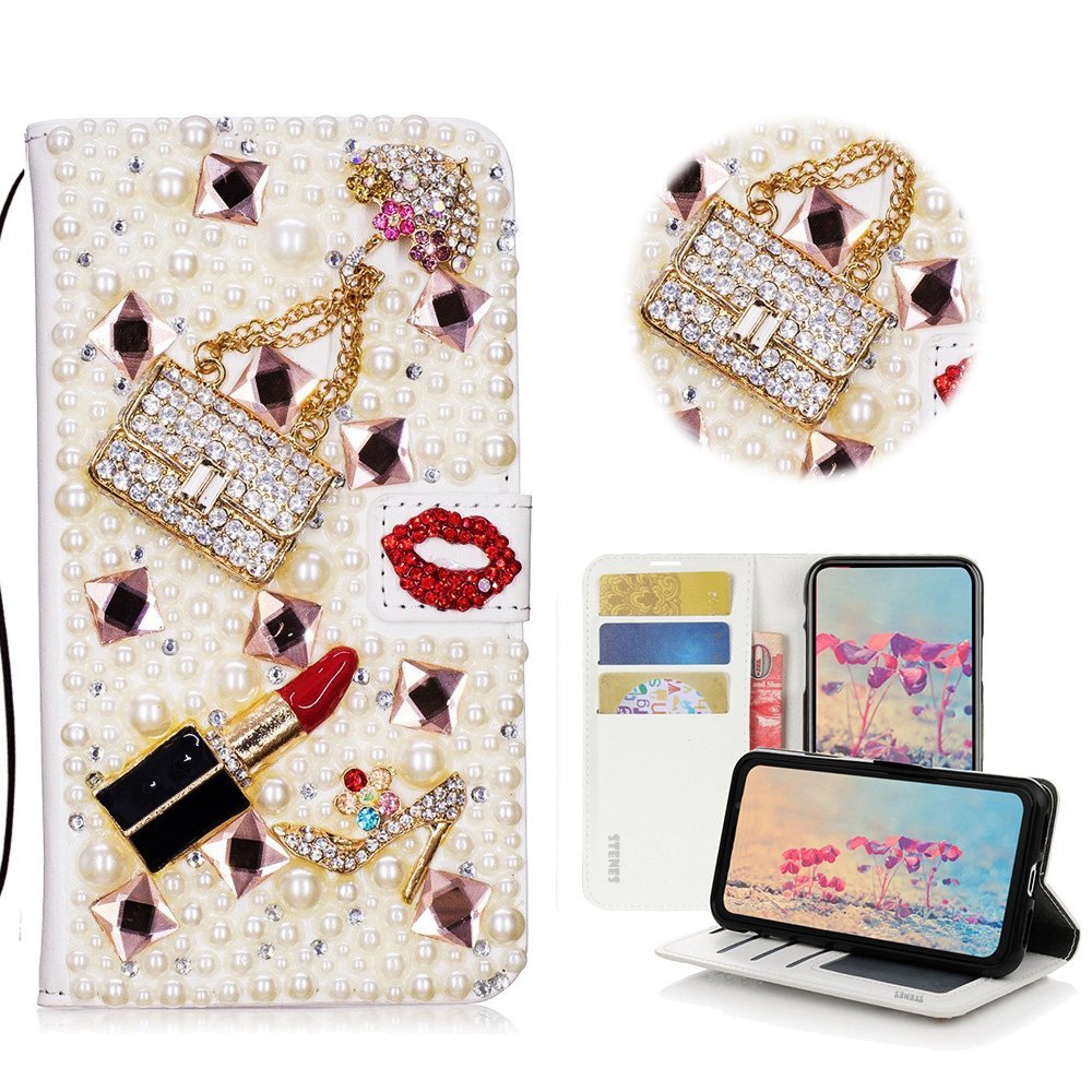 STENES Bling Case Compatible with LG Phoenix Plus Case - 3D Handmade Crystal Girls Bags Lipstick High Heel Wallet Credit Card Slots Fold Stand Leather Cover - Red